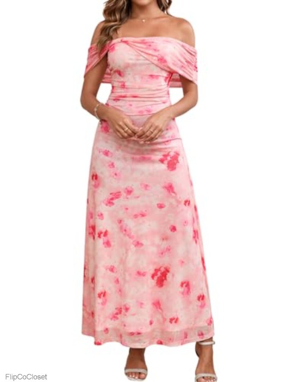 Off Shoulder Floral Maxi Dress Bodycon Ruched Sleeveless Summer Wedding Guest